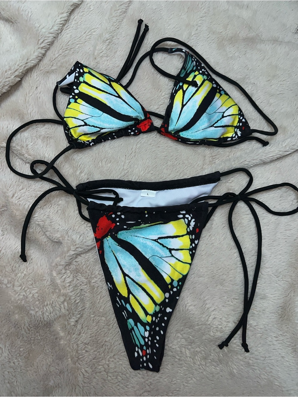 Butterfly Print Tie-Side Triangle Bikini — Yellow, Aqua, Black